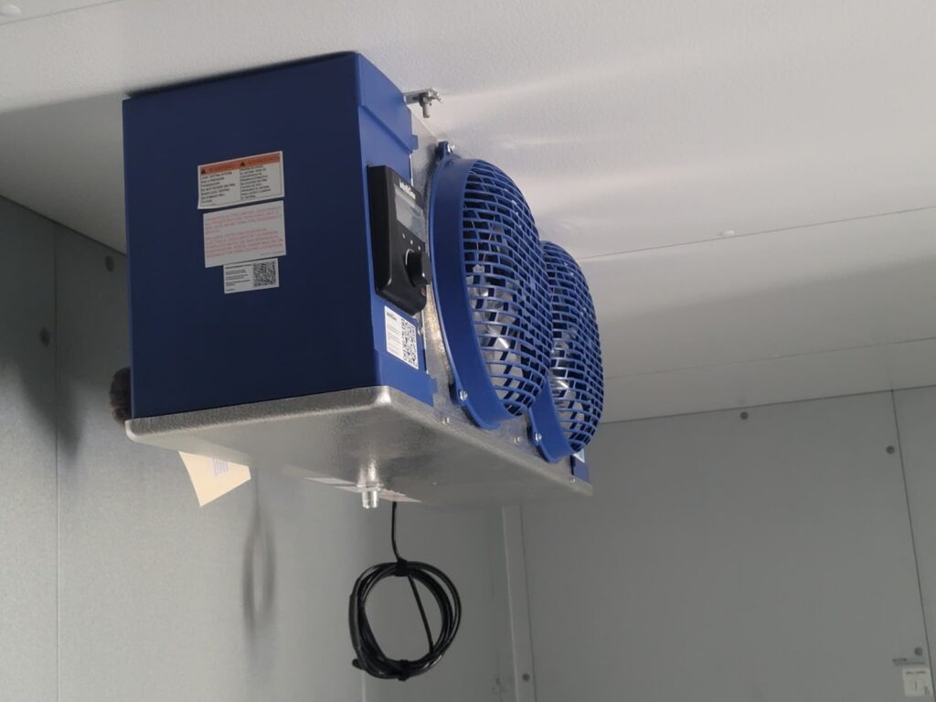 Bohn evaporator — side profile, fan assembly and temperature sensor