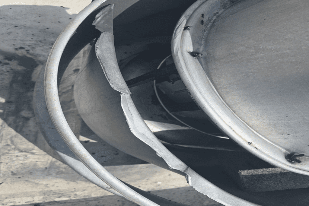 Close-up of the cracked and broken fan housing — fractures along sealing surfaces create fire and ventilation hazards