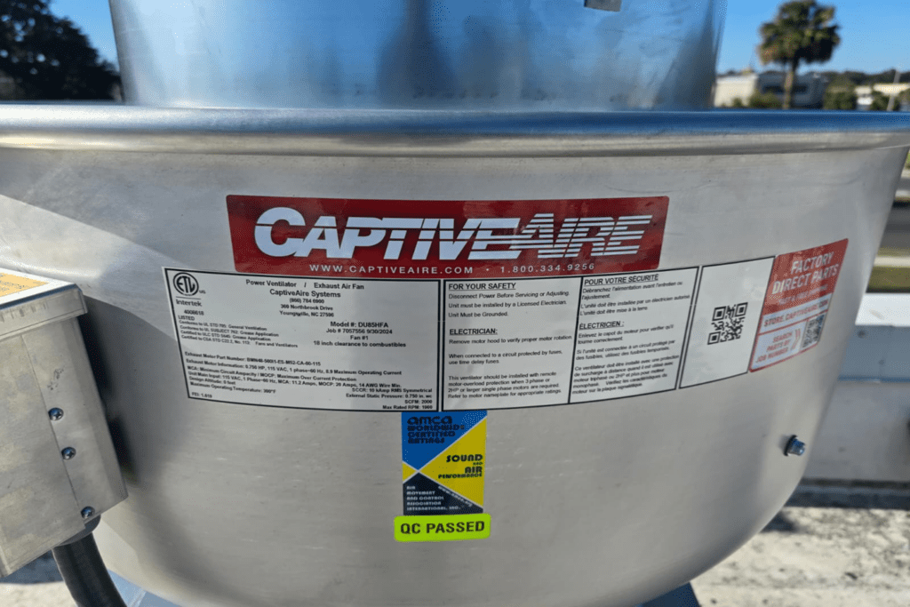 CaptiveAire DU85HFA specification label — AMCA Certified, QC Passed, UL Listed for grease application