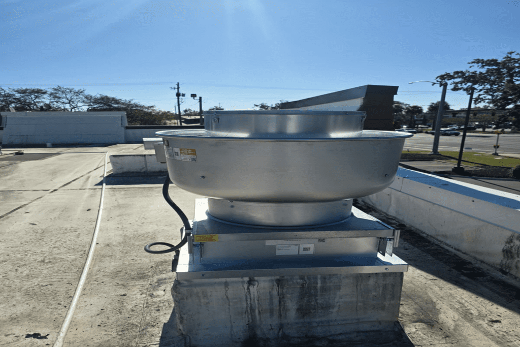 Completed installation — front view of the new Captive Aire exhaust fan, properly mounted and operational