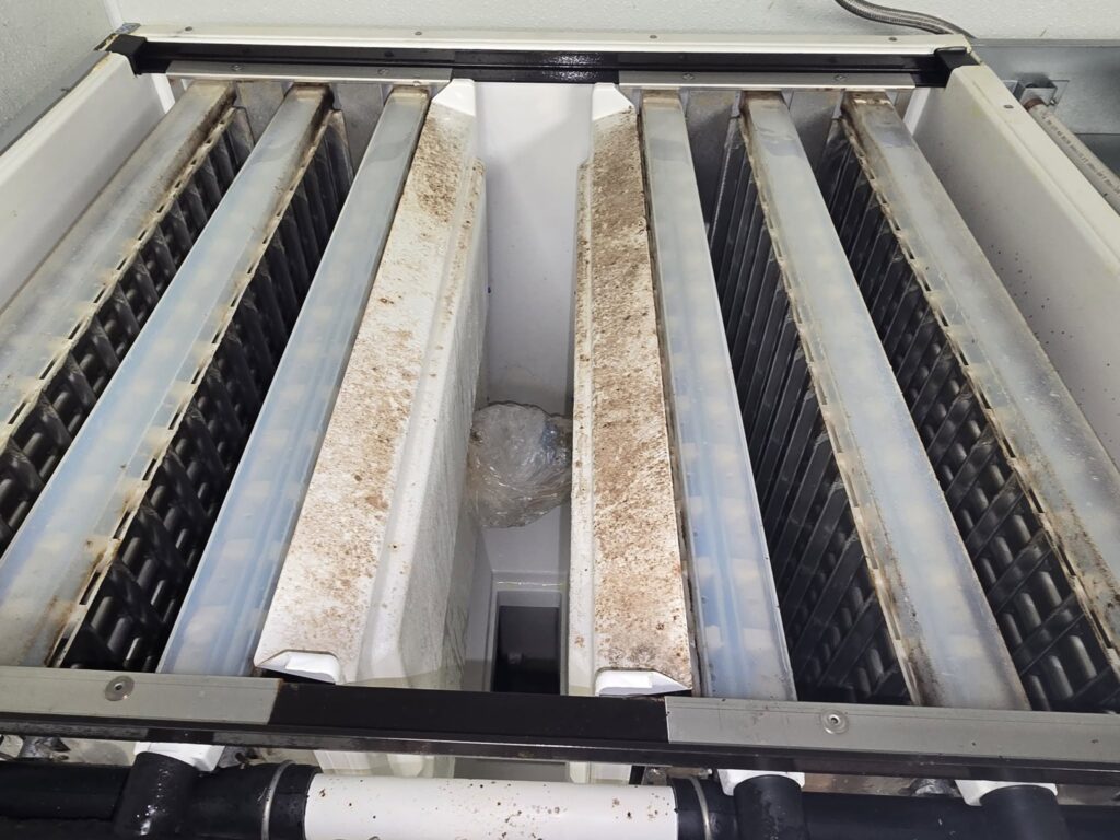A neglected evaporator coil like this restricts airflow and forces the compressor to work harder — a common cause of emergency breakdowns.