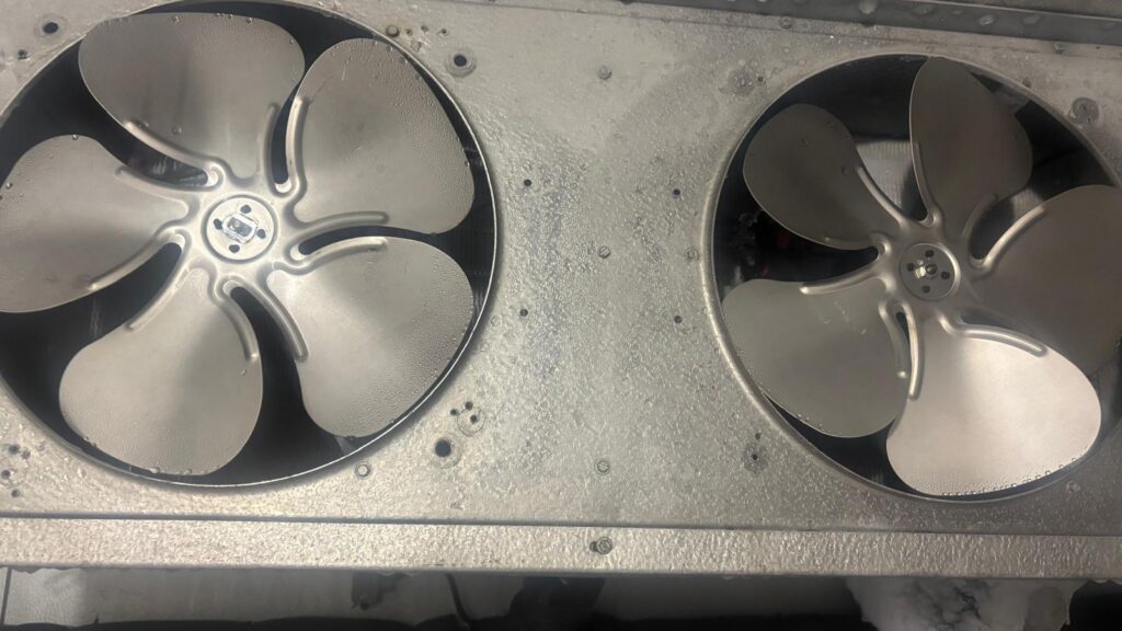 Dual evaporator fan blades back in full operation after the walk-in freezer repair at Season's of Japan.